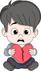 Sad Expression Cartoon Boy Holding Broken Heart Illustration