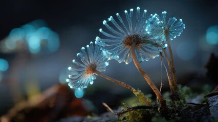 Enchanting Bioluminescent Forest Scene with Glowing Mushrooms and Lush Greenery in Mystical Nature Landscape at Night