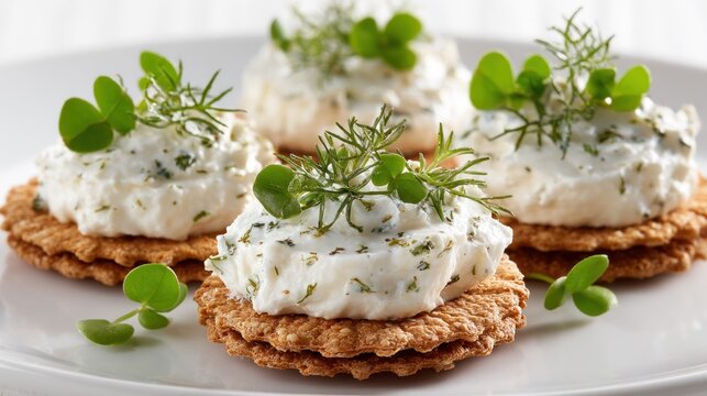 A smoked salmon cracker kit shows wholegrain rice crisps topped with cream cheese, fresh herbs, and green sprouts served on a white plate during a casual meal
