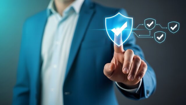 Businessman interacting with a digital shield icon for cybersecurity - Powered by Adobe