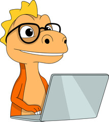 Smart Dinosaur Learning Online Using Laptop Illustration