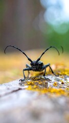 A close-up view of a longhorn beetle with striking antennae perched on a moss-covered surface, blurred background