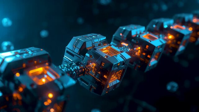 Chain of Glowing Blue Orange Cubes Linked in Space with Floating Particles and Dark Nebula Background