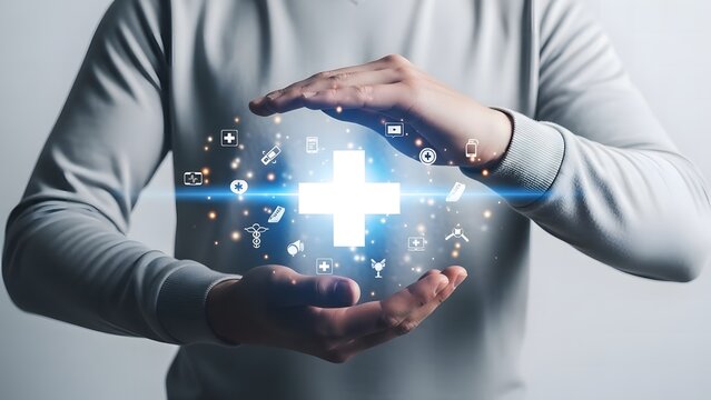 A person cradling a glowing blue orb with a white cross and binary code - Powered by Adobe