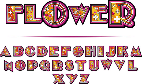 Colorful floral hand drawn alphabet. Lettering and Custom Typography for Designs. Flower style Alphabet, Playful Orange Alphabet Lettering with 3d Style full A2Z Alphabet.