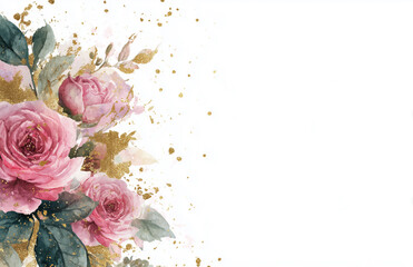 Flowers in pink and gold splash on white background with green leaves