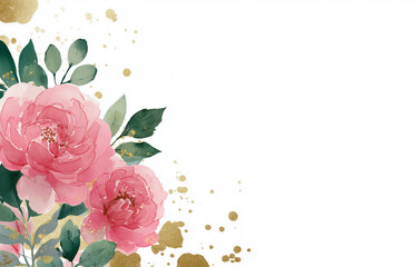 Colorful flowers with green leaves and golden accents on white background for decoration