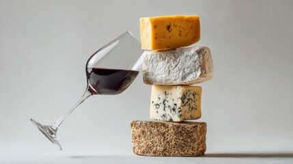 A glass of red wine leans beside a stack of cheese blocks on a white background. This scene shows a simple arrangement of wine and cheese during daylight