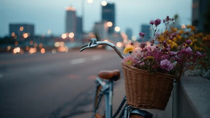 Charming Vintage Bicycle with Colorful Flower Basket in Urban Cityscape at Twilight with Soft Bokeh Lights