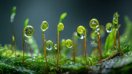 Macro shot of vibrant green, curled sprouts with water droplets glistening. A verdant scene of delicate nature, serene