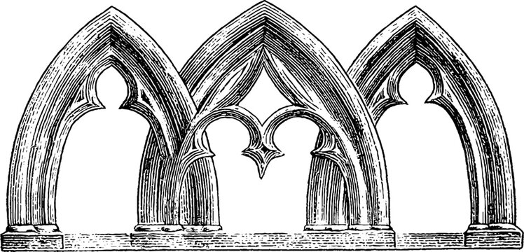 Vintage gothic pointed arch set: detailed engraved architectural design for historical motifs