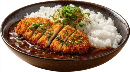 A bowl holds katsu curry with slices of tonkatsu and white rice. The dish is garnished with herbs, showing a typical Japanese meal enjoyed at lunch