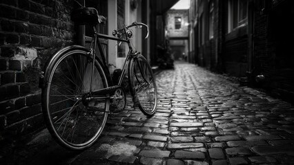Vintage Bicycle on Historic Cobblestone Street in Atmospheric Black and White Urban Scene