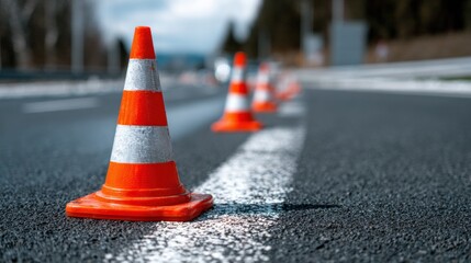 Cones are positioned along the asphalt road surface to indicate a construction zone. This setup is for the safety of drivers and pedestrians during work hours