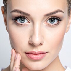 Fototapeta premium Close-up of a woman's face, soft skin, light makeup, blue eyes, and hand touching cheek, against white background