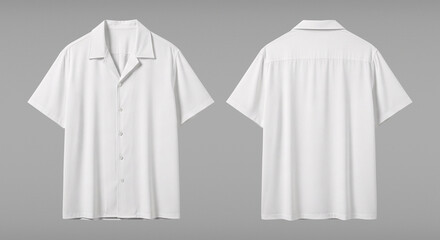 Blank White Short Sleeve Camp Collar Shirt Mockup, Front and Back Views Isolated on Gray Background © Drip