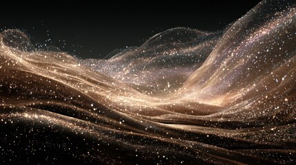 A view showing flowing light gold waves in dark space. Sparkles appear throughout the scene, creating a sense of movement and elegance in the design