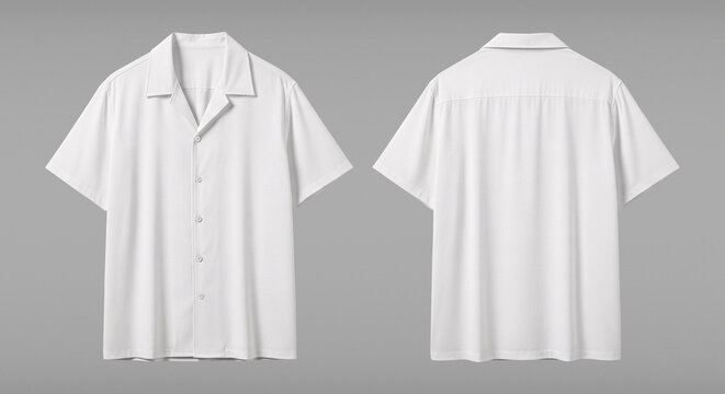 Blank White Short Sleeve Camp Collar Shirt Mockup, Front and Back Views Isolated on Gray Background