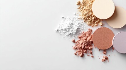 Various shades of eyeshadow powders are spread out on a flat surface. The colors include whites, nudes, and soft tones used for makeup looks