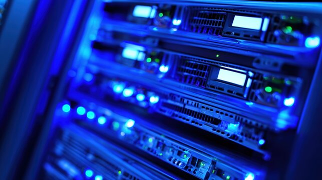 rack. Close-up of glowing blue server rack lights creating an abstract technological pattern on a dark background. product launch decks.