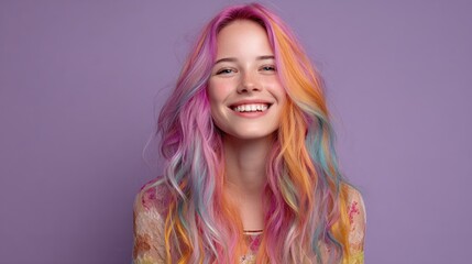 A woman smiles happily with bright rainbow colored hair. She stands against a purple background, showcasing her joyful expression and vibrant hairstyle