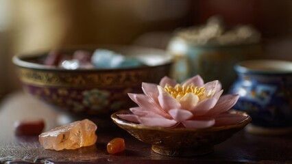 Serene Pink Lotus and Healing Crystals on Rustic Table for Tranquility and Mindfulness in Relaxing Meditation Setting