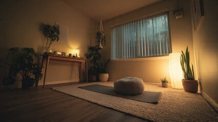 Cozy Meditation Room with Soft Lighting, Indoor Plants, and Comfortable Yoga Mat for Relaxation and Mindfulness Practice