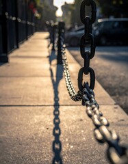 A close-up view of a metal chain fence with its shadow cast on the sunlit pavement. In the blurry background, a street and buildings