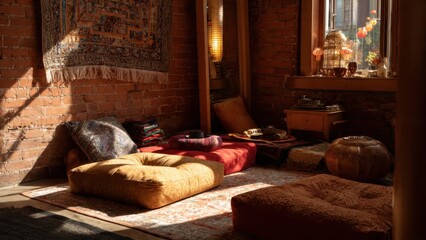 Cozy Bohemian Living Room with Cushions and Warm Lighting in Sunlit Rustic Corner