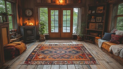Rustic kilim rug with bold designs laid on a wooden floor in a cozy cabin surrounded by natural decor elements and warm lighting evoking a charming earthy vibe