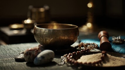 Serene Meditation Setup with Singing Bowl and Mala Beads for Tranquil Mindfulness Practice in Natural Light Atmosphere