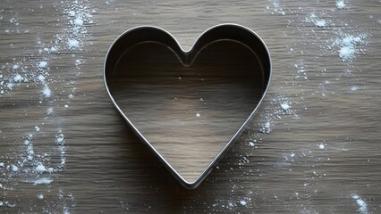 Metal heart shaped cookie cutter with flour dust on wooden table - Rustic baking concept