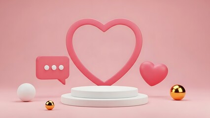 A charming pink backdrop featuring hearts, a speech bubble, and a product display podium