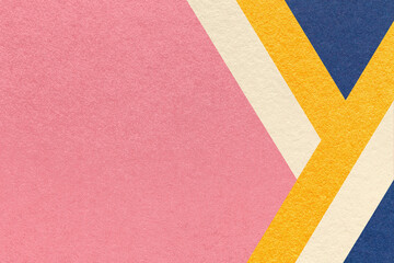 Abstract pink textured paper background with beige, yellow, blue geometric lines, copy space for banner presentation