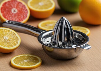 Close-up view of a metal hand juicer squeezer resting on a clean wooden surface, surrounded by vibrant citrus fruit halves and slices ,board ,squeeze ,vitamin
