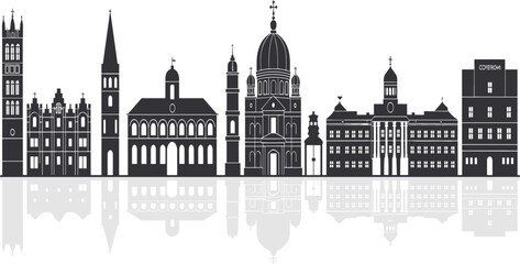 Fototapeta premium Panoramic City Skyline Silhouette With Historic European Landmark Buildings Reflecting On A Clean White Background