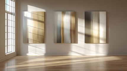 A sunny room showcases three abstract paintings on a wall with window casting light on wooden floor