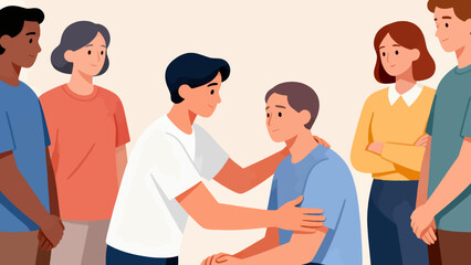 Fototapeta premium A group of people are hugging each other, one of whom is being comforted by another. Scene is one of warmth and support
