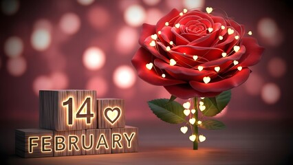 Red rose with heart lights and February 14th blocks for Valentine's Day