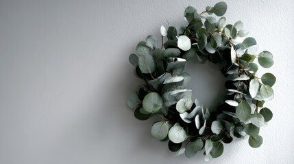 A circular wreath of green eucalyptus leaves hangs on a simple, white wall, creating a natural and minimalist aesthetic