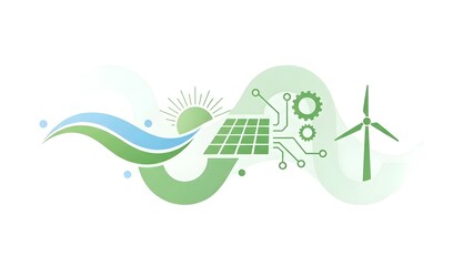 Stylized graphic combining water waves, a sun, solar panels, and a wind turbine with circuit board elements.