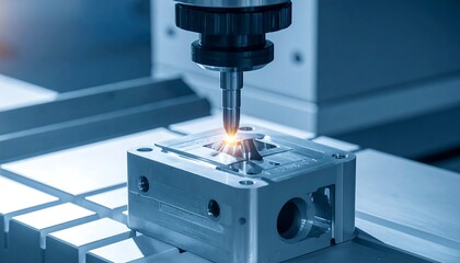 A close-up view of a metal cutting machine in action. The machine's tool is precisely shaping a metallic cube with sparks