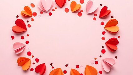 Romantic heart frame on pink background with paper hearts and confetti for valentine's day