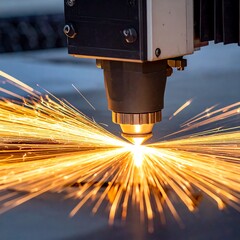 A close-up view of a metal cutting process, showcasing the intense heat and sparks emanating from the laser's contact point