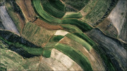 Aerial View of Vibrant Patchwork Farmland with Green Fields and Earthy Patterns Captured from Above