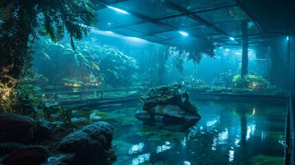 An indoor rainforest scene with a pond, lush vegetation, and diffused blue lighting creates an ethereal atmosphere