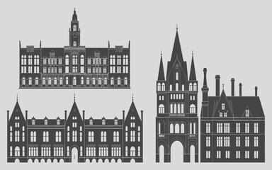Fototapeta premium Vector Silhouettes Of Historic European Gothic Architecture Featuring Intricate Facades And Ornate Landmark Building Outlines