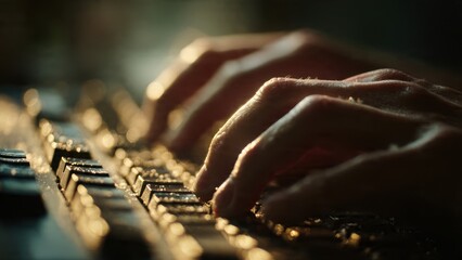 Close-Up of Hands Typing on Keyboard in Warm Lighting for Focused Work and Creativity Inspiration