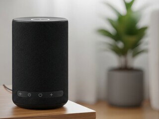 Modern black wireless speaker on wooden surface near green plant
