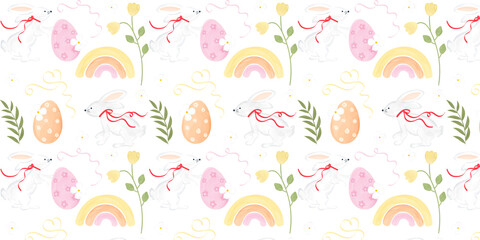 Easter Pattern with Flowers and Rabbits, Cute, Concept, Transparent